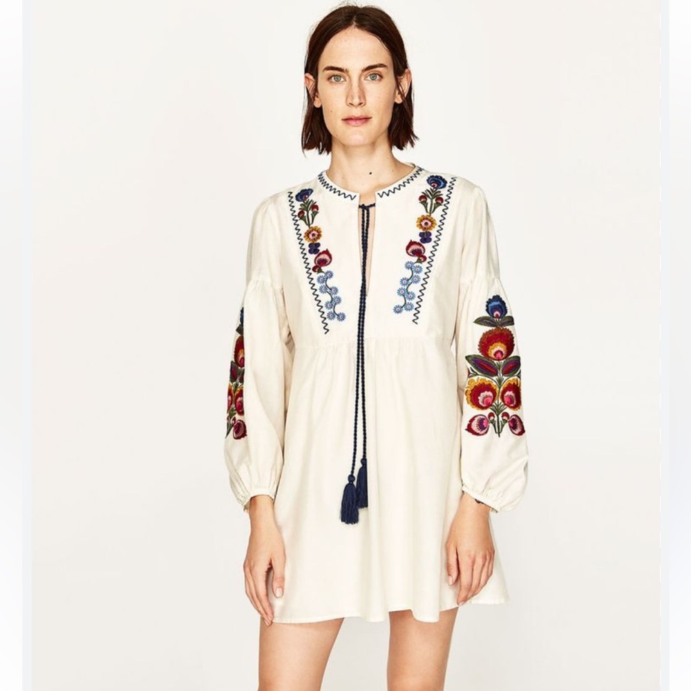 Zara Cream Mini Dress with Embroidered Details